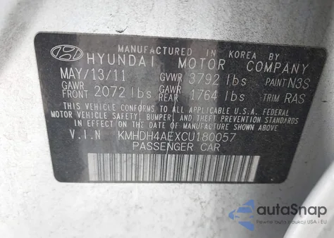 2012 Hyundai Elantra Gls (Ulsan Plant) from USA, damaged, VIN KMHDH4AEXCU180057